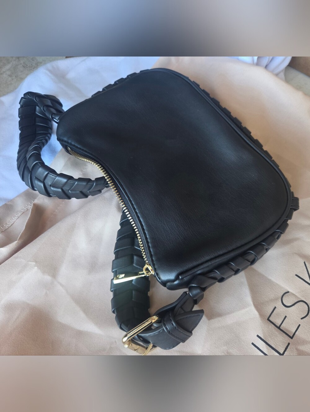 Shoulder Crescent Handbag Black Vegan Leather ~ by JULES KAE Braided Wrap Strap